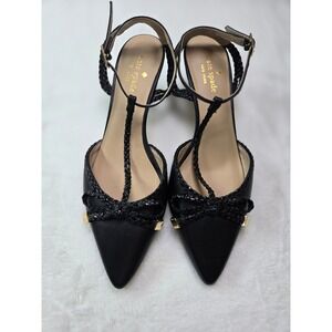 Kate Spade Black Leather Braided T-Strap Bow Pointed Toe Kitten Heels 7.5M